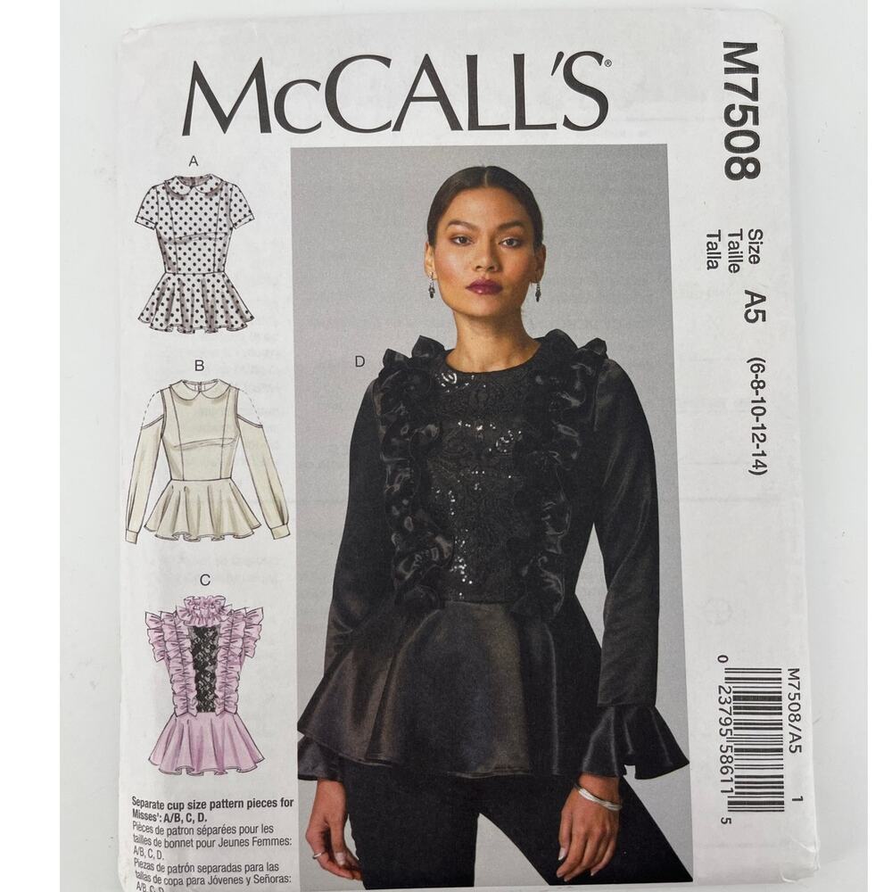 McCalls Sewing Pattern M7508 Misses Whimsigoth Peplum Top Blouse 6-14 UNCUT